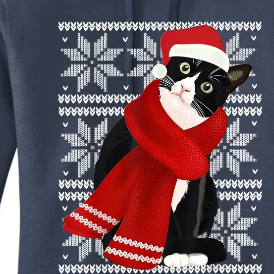 Ugly Christmas Black Cat Santa Hat Scarf Holiday Cute Women's Pullover Hoodie