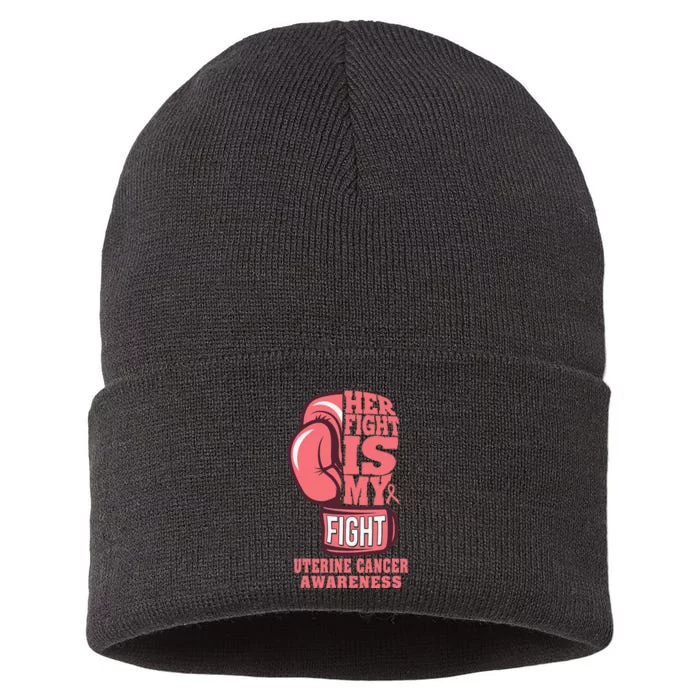 Uterine Cancer Boxing Her Fight Is My Fight Peach Ribbon Sustainable Knit Beanie