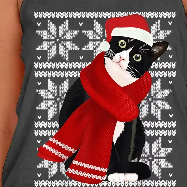 Ugly Christmas Black Cat Santa Hat Scarf Holiday Cute Women's Knotted Racerback Tank