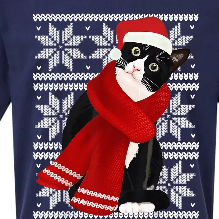 Ugly Christmas Black Cat Santa Hat Scarf Holiday Cute Sueded Cloud Jersey T-Shirt