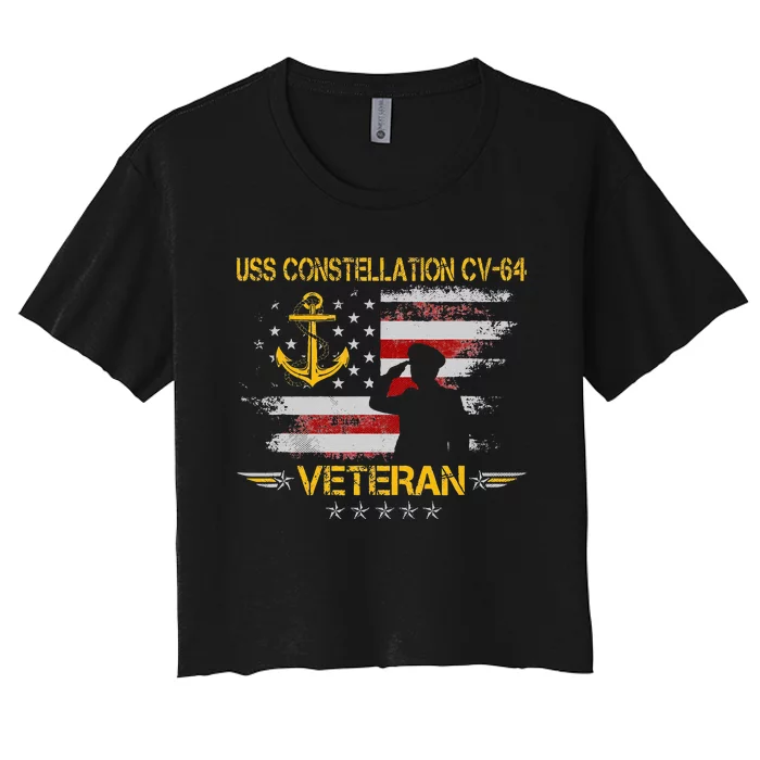 USS Constellation CV 64 Aircraft Carrier Veteran Flag Retro Women's Crop Top Tee