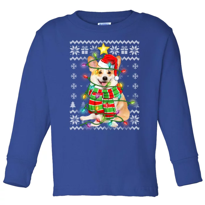 Ugly Christmas Corgi Dog Xmas Lights Santa Hat Gift Toddler Long Sleeve Shirt