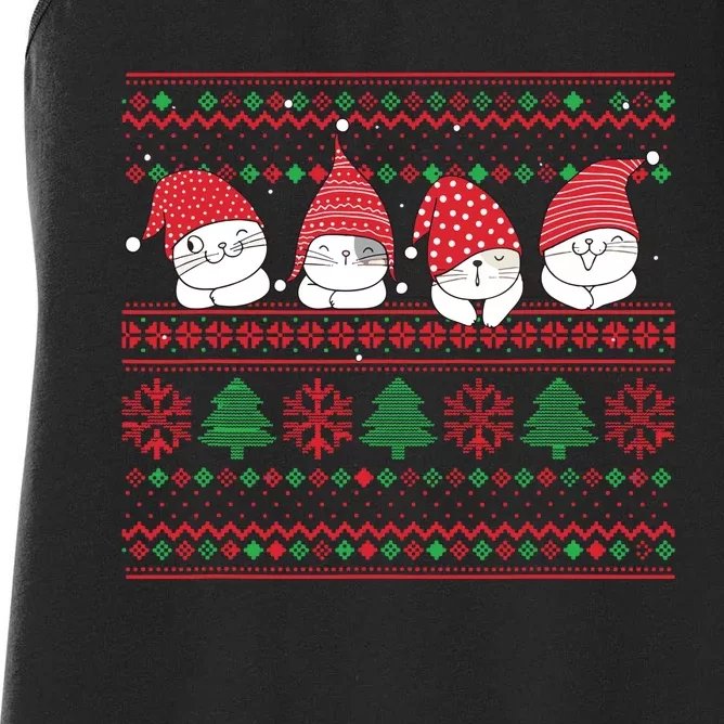 Ugly Christmas Cat Gnome Cute Funny Sweater Pajama Xmas Women's Racerback Tank