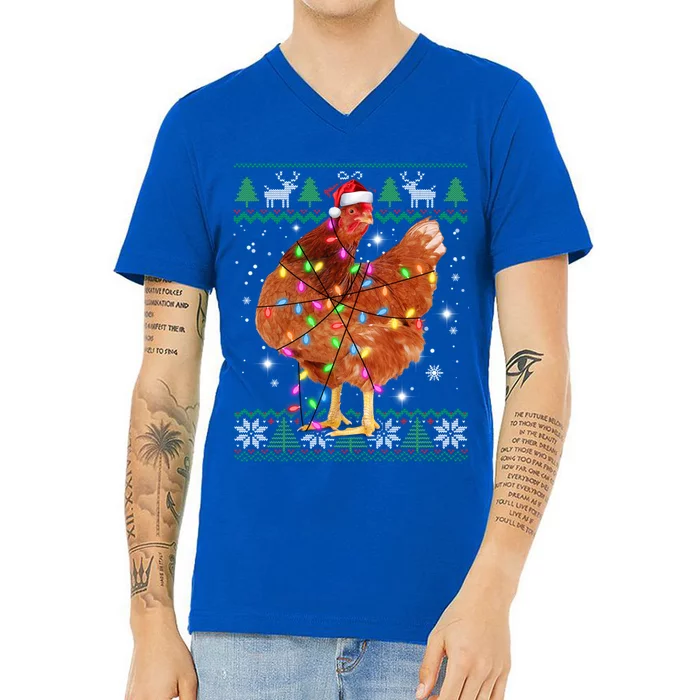 Ugly Christmas Chicken Santa Hat Lights Sweater Xmas Meaningful Gift V-Neck T-Shirt