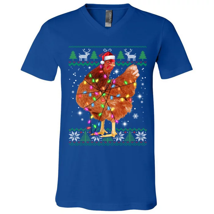 Ugly Christmas Chicken Santa Hat Lights Sweater Xmas Meaningful Gift V-Neck T-Shirt