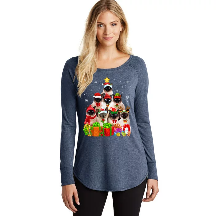 Ugly Christmas Cat Tree Funny Siamese Cat Xmas Cute Gift Women's Perfect Tri Tunic Long Sleeve Shirt