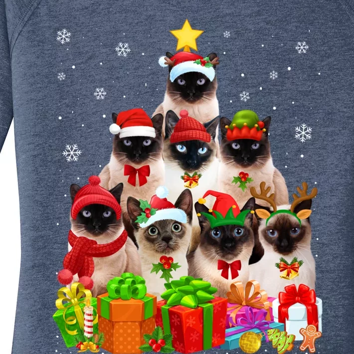 Ugly Christmas Cat Tree Funny Siamese Cat Xmas Cute Gift Women's Perfect Tri Tunic Long Sleeve Shirt