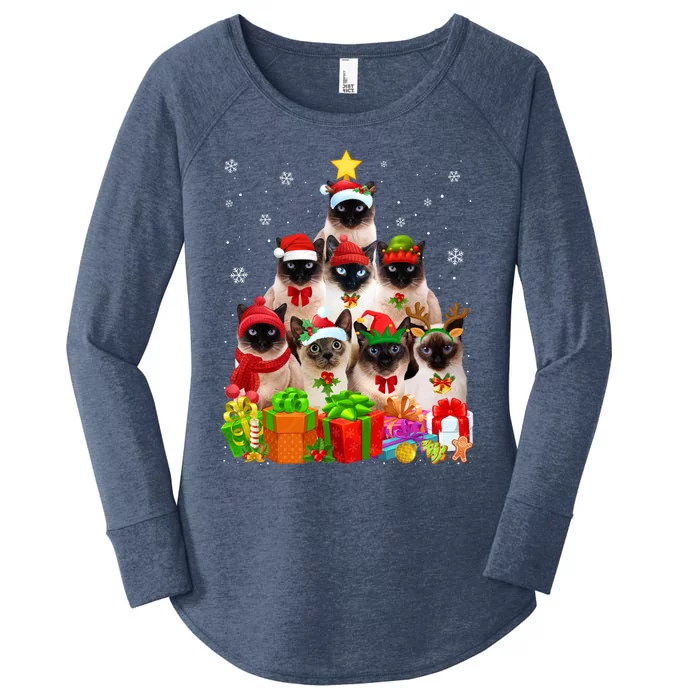 Ugly Christmas Cat Tree Funny Siamese Cat Xmas Cute Gift Women's Perfect Tri Tunic Long Sleeve Shirt