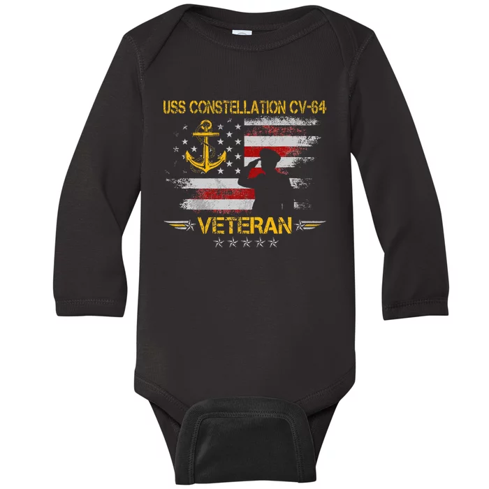 Uss Constellation Cv64 Aircraft Carrier Veteran Flag Retro Baby Long Sleeve Bodysuit