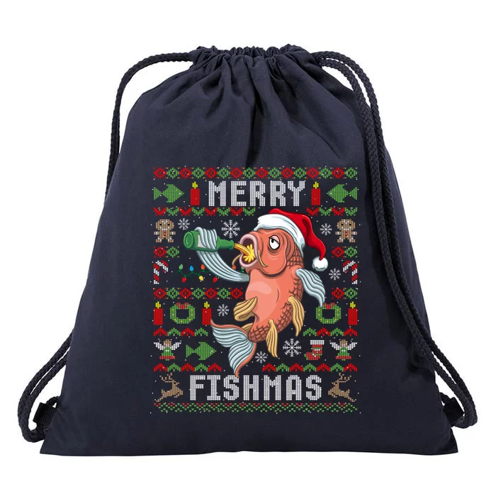 Ugly Christmas Fish Merry Fishmas Christmas Gift Drawstring Bag