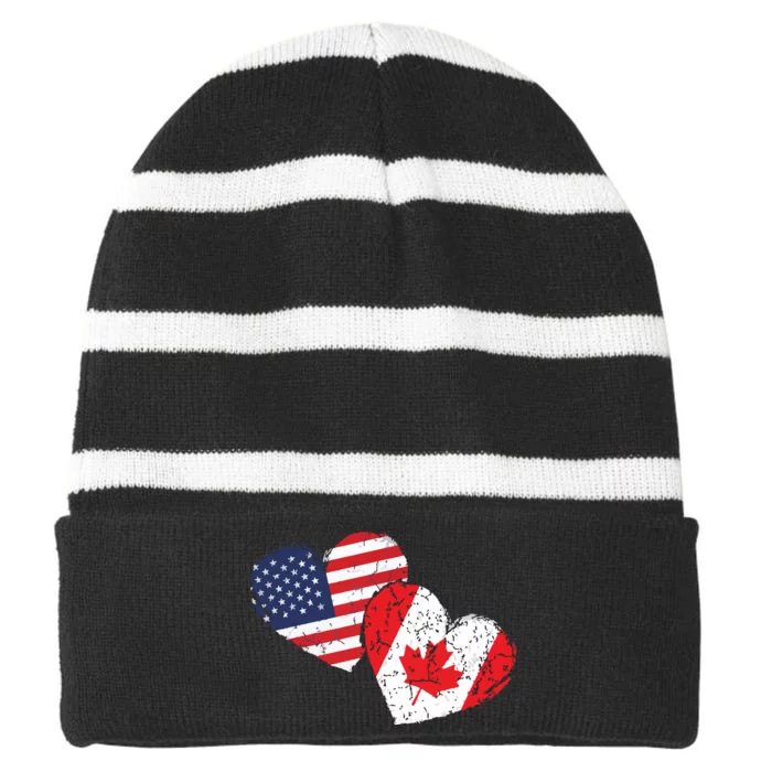 USA Canada Heart Country Flag American Canadian Striped Beanie with Solid Band