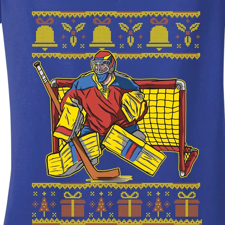 Ugly Christmas Ice Hockey Player Puck Santa Claus New Year Cool Gift Women's V-Neck T-Shirt