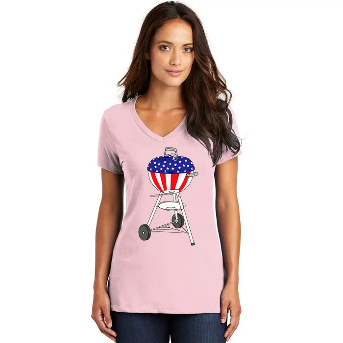 Usa Charcoal Kettle Grill July 4th Grill Women's V-Neck T-Shirt