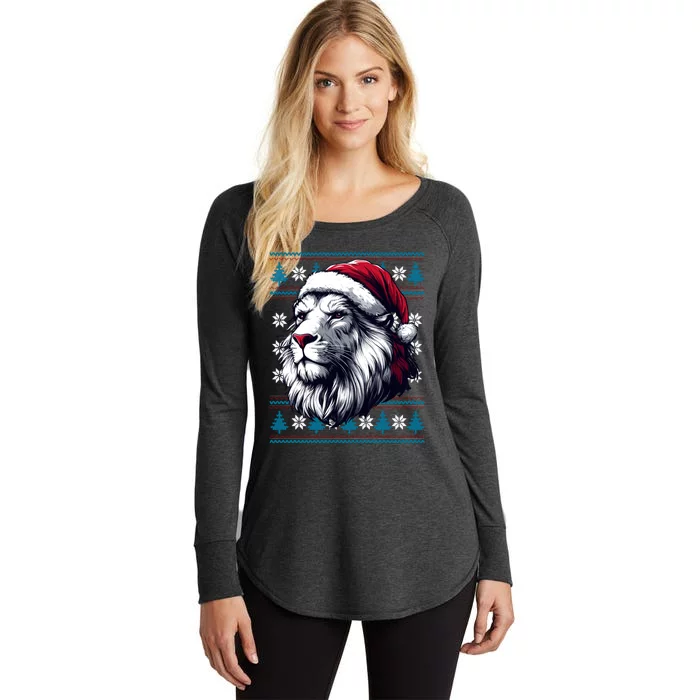 Ugly Christmas Lion Lovers Holiday Lion Santa Hat Women's Perfect Tri Tunic Long Sleeve Shirt