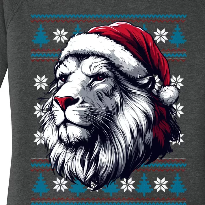 Ugly Christmas Lion Lovers Holiday Lion Santa Hat Women's Perfect Tri Tunic Long Sleeve Shirt