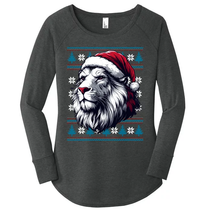 Ugly Christmas Lion Lovers Holiday Lion Santa Hat Women's Perfect Tri Tunic Long Sleeve Shirt