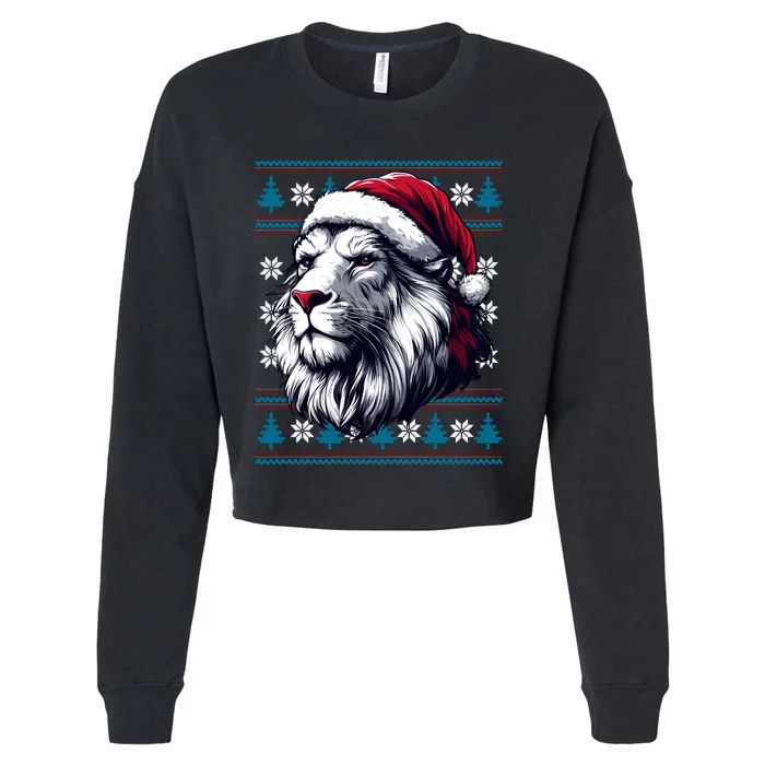 Ugly Christmas Lion Lovers Holiday Lion Santa Hat Cropped Pullover Crew