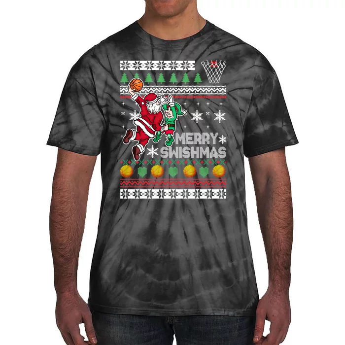 Ugly Christmas Merry Swishmas Basketball Gift Tie-Dye T-Shirt