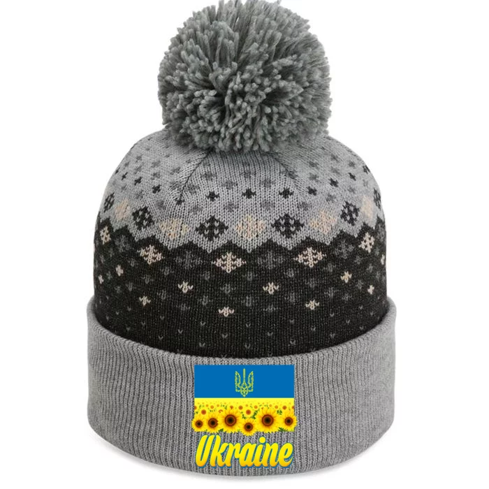 Ukraine Coat Of Arms Flag Blue Sky Field Of Sunflowers The Baniff Cuffed Pom Beanie