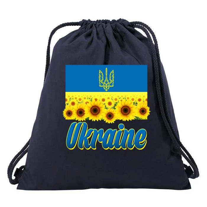 Ukraine Coat Of Arms Flag Blue Sky Field Of Sunflowers Drawstring Bag