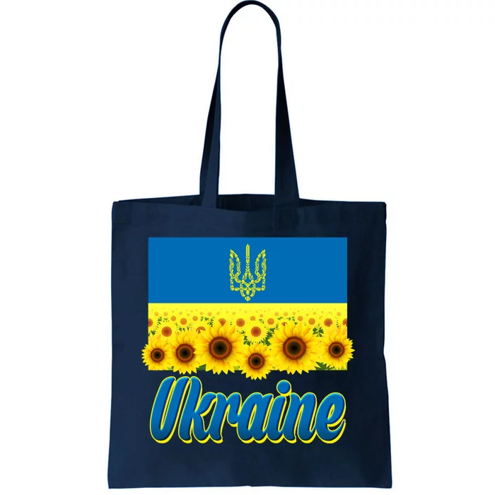 Ukraine Coat Of Arms Flag Blue Sky Field Of Sunflowers Tote Bag