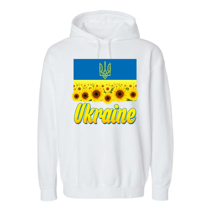 Ukraine Coat Of Arms Flag Blue Sky Field Of Sunflowers Garment-Dyed Fleece Hoodie