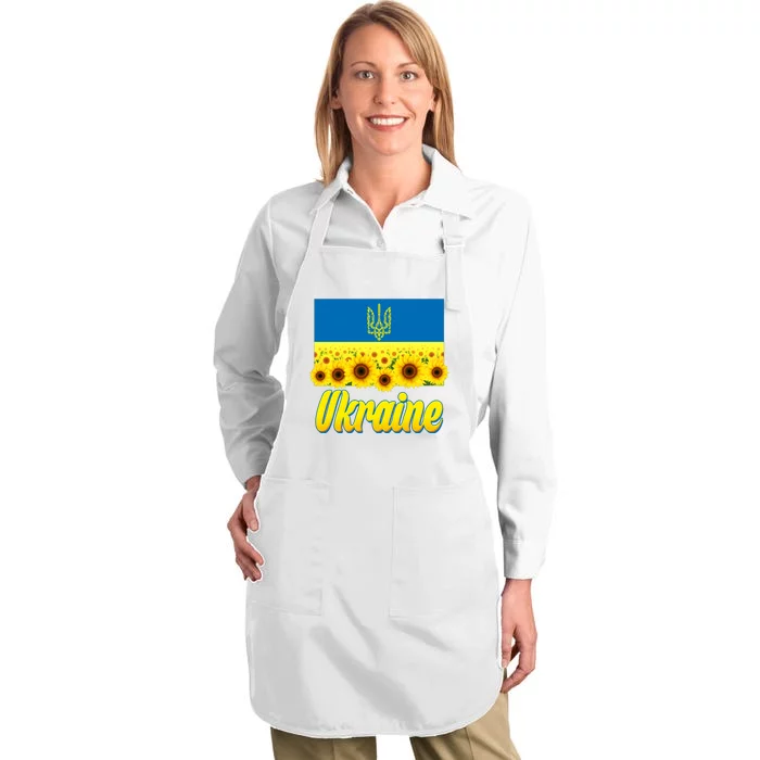 Ukraine Coat Of Arms Flag Blue Sky Field Of Sunflowers Full-Length Apron With Pocket