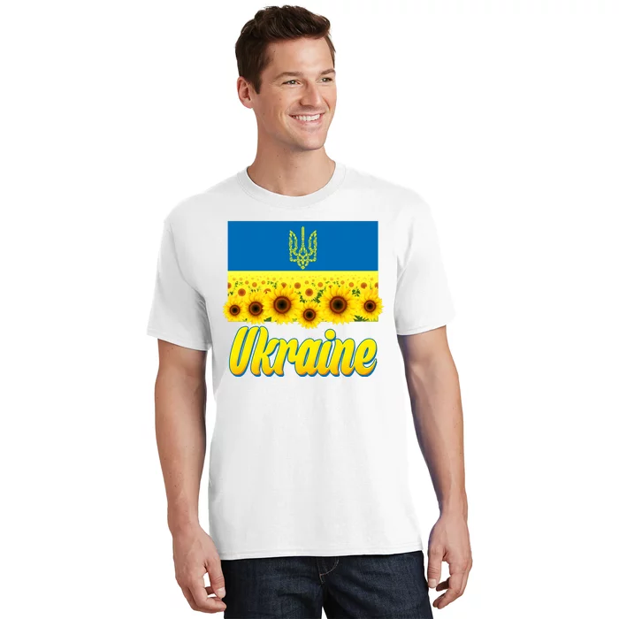 Ukraine Coat Of Arms Flag Blue Sky Field Of Sunflowers T-Shirt