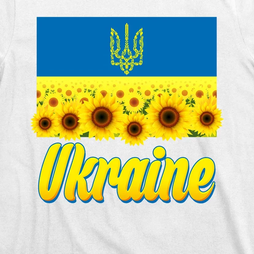 Ukraine Coat Of Arms Flag Blue Sky Field Of Sunflowers T-Shirt