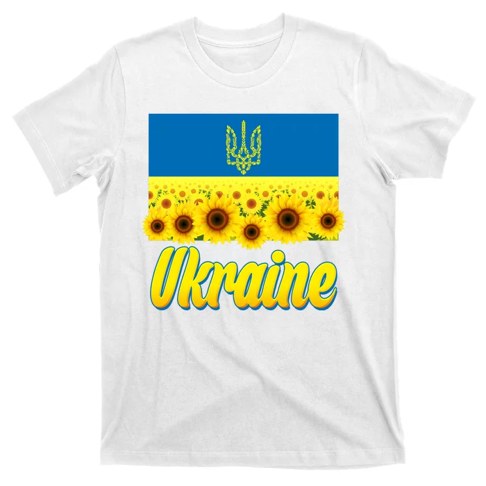 Ukraine Coat Of Arms Flag Blue Sky Field Of Sunflowers T-Shirt