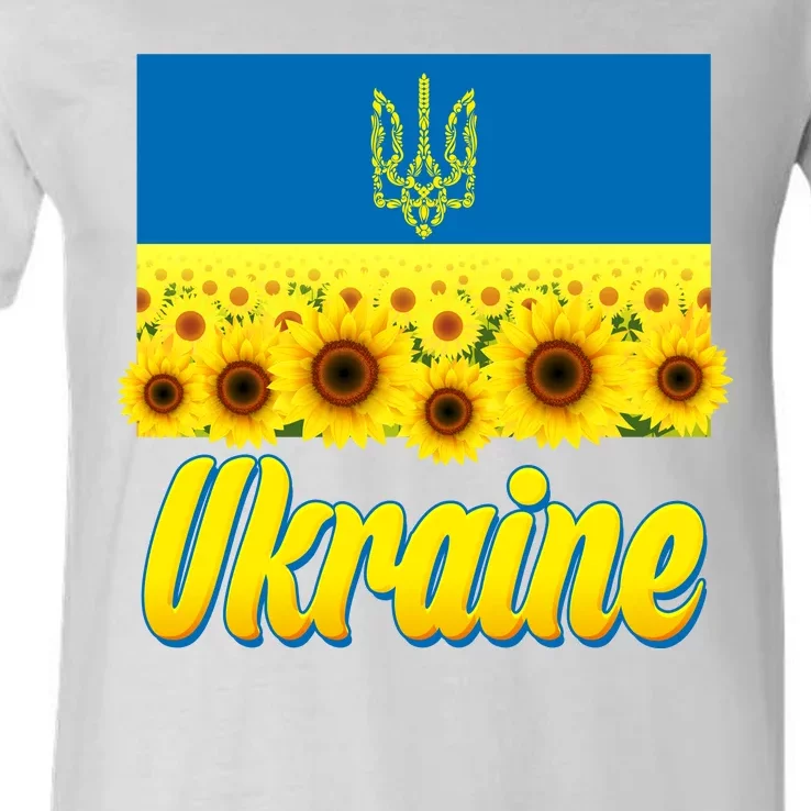 Ukraine Coat Of Arms Flag Blue Sky Field Of Sunflowers V-Neck T-Shirt