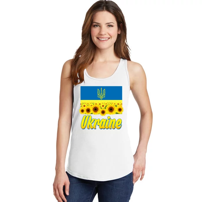 Ukraine Coat Of Arms Flag Blue Sky Field Of Sunflowers Ladies Essential Tank