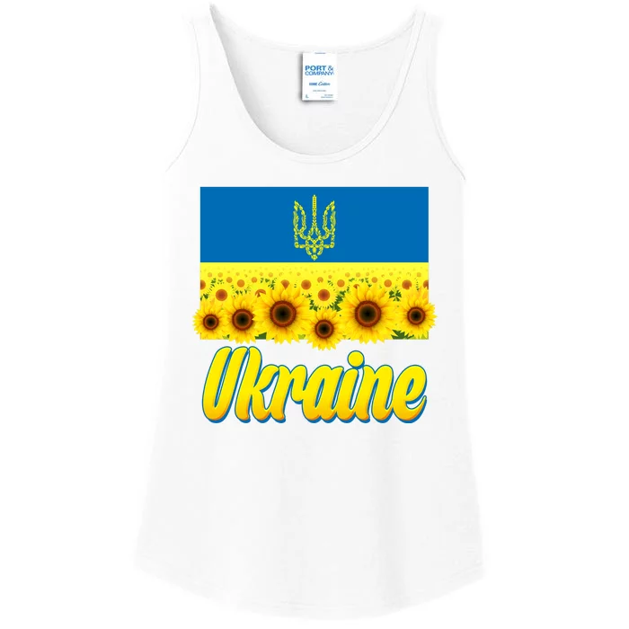 Ukraine Coat Of Arms Flag Blue Sky Field Of Sunflowers Ladies Essential Tank