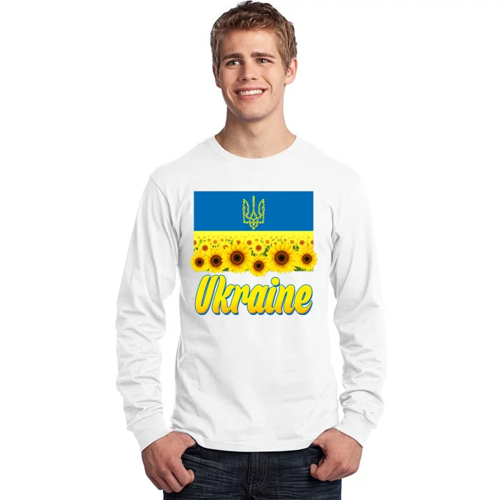 Ukraine Coat Of Arms Flag Blue Sky Field Of Sunflowers Tall Long Sleeve T-Shirt