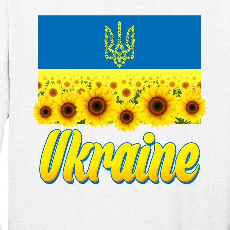 Ukraine Coat Of Arms Flag Blue Sky Field Of Sunflowers Tall Long Sleeve T-Shirt