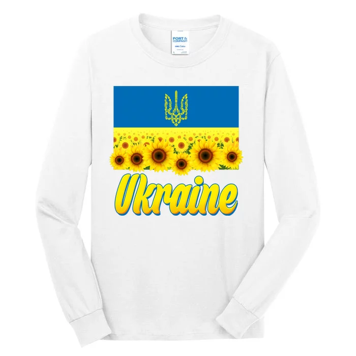 Ukraine Coat Of Arms Flag Blue Sky Field Of Sunflowers Tall Long Sleeve T-Shirt