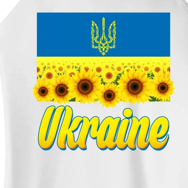 Ukraine Coat Of Arms Flag Blue Sky Field Of Sunflowers Women’s Perfect Tri Rocker Tank