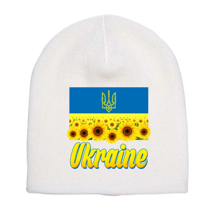 Ukraine Coat Of Arms Flag Blue Sky Field Of Sunflowers Short Acrylic Beanie