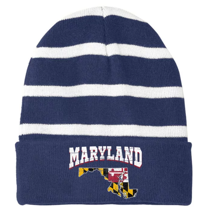 US Citizen Proud America State Flag Land Map Maryland Striped Beanie with Solid Band