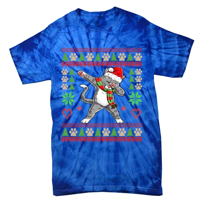 Ugly Christmas Sweater With Dabbing Cat Santa Hat Boys Gift Tie-Dye T-Shirt