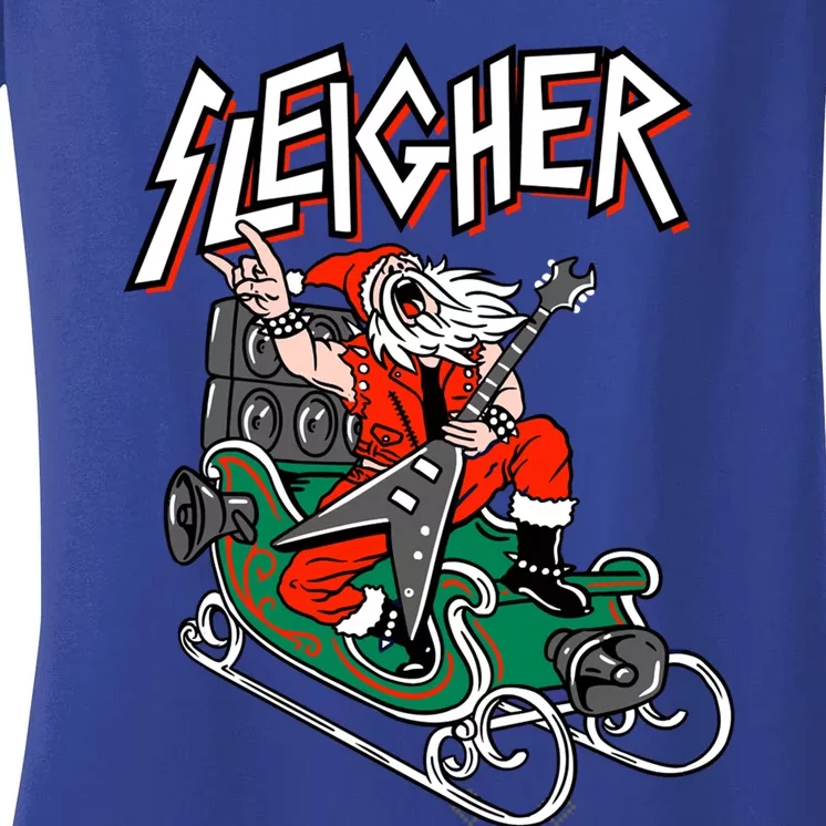 Ugly Christmas Sweater Sleigher Heavy Metal Santa Xmas Cool Gift Women's V-Neck T-Shirt