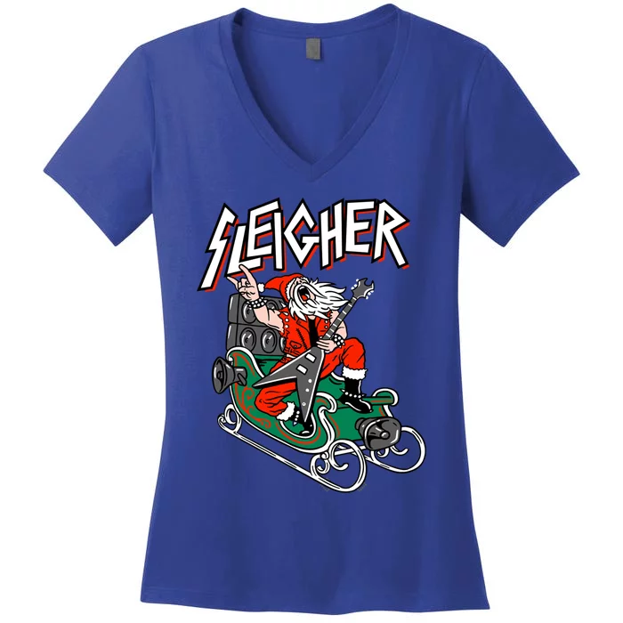 Ugly Christmas Sweater Sleigher Heavy Metal Santa Xmas Cool Gift Women's V-Neck T-Shirt