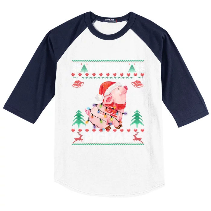 Ugly Christmas Sweater Pig Lover Xmas Lights Santa Gift Baseball Sleeve Shirt