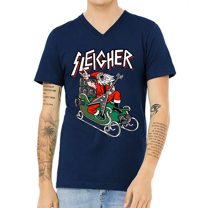 Ugly Christmas Sweater Sleigher Heavy Metal Santa Xmas V-Neck T-Shirt