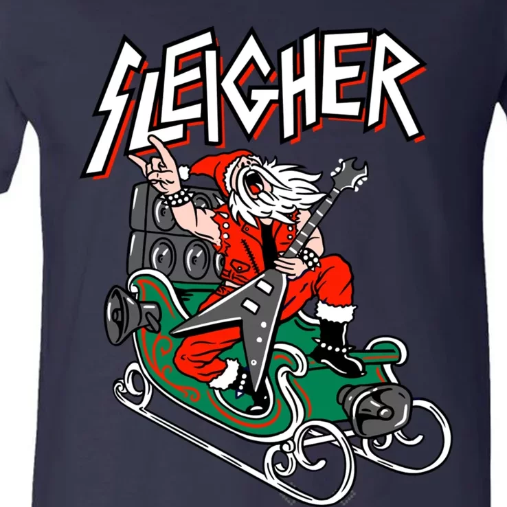 Ugly Christmas Sweater Sleigher Heavy Metal Santa Xmas V-Neck T-Shirt