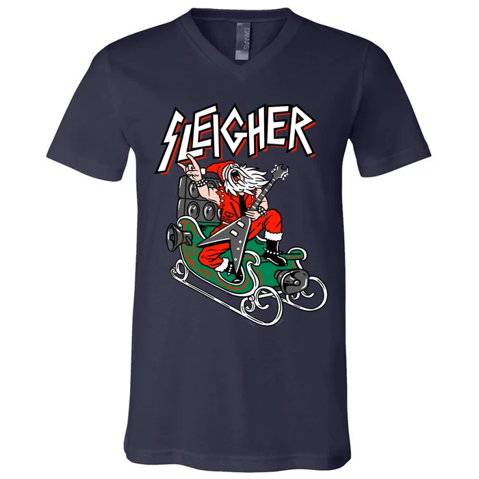 Ugly Christmas Sweater Sleigher Heavy Metal Santa Xmas V-Neck T-Shirt