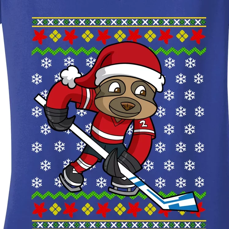 Ugly Christmas Sweater Gift Sloth Hockey Gift Women's V-Neck T-Shirt