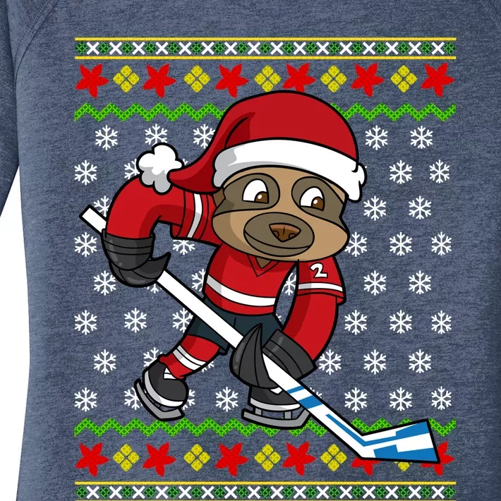 Ugly Christmas Sweater Gift Sloth Hockey Gift Women's Perfect Tri Tunic Long Sleeve Shirt