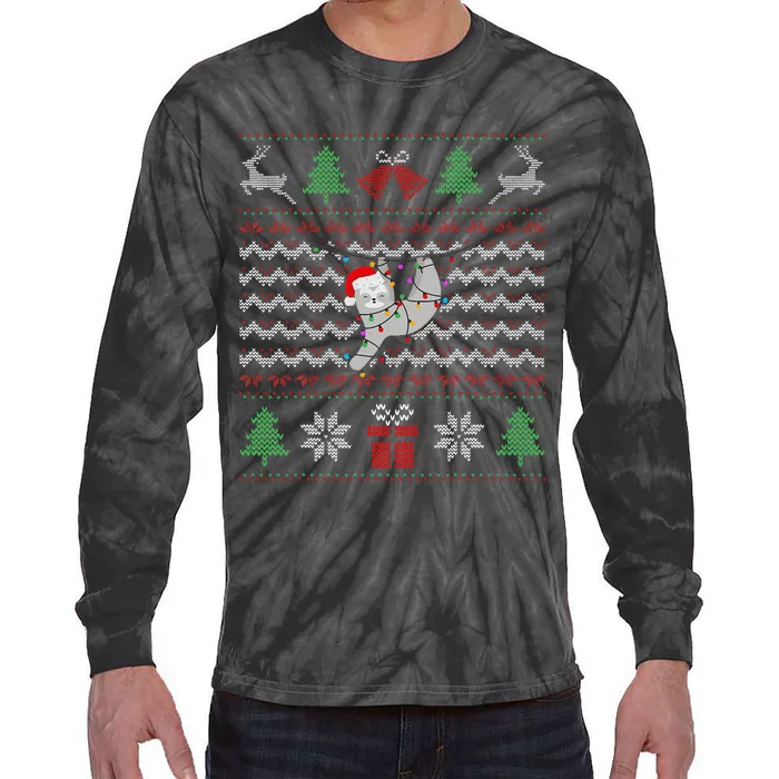 Ugly Christmas Sloth Sweater Santa Lights Funny Xmas Design Tie-Dye Long Sleeve Shirt