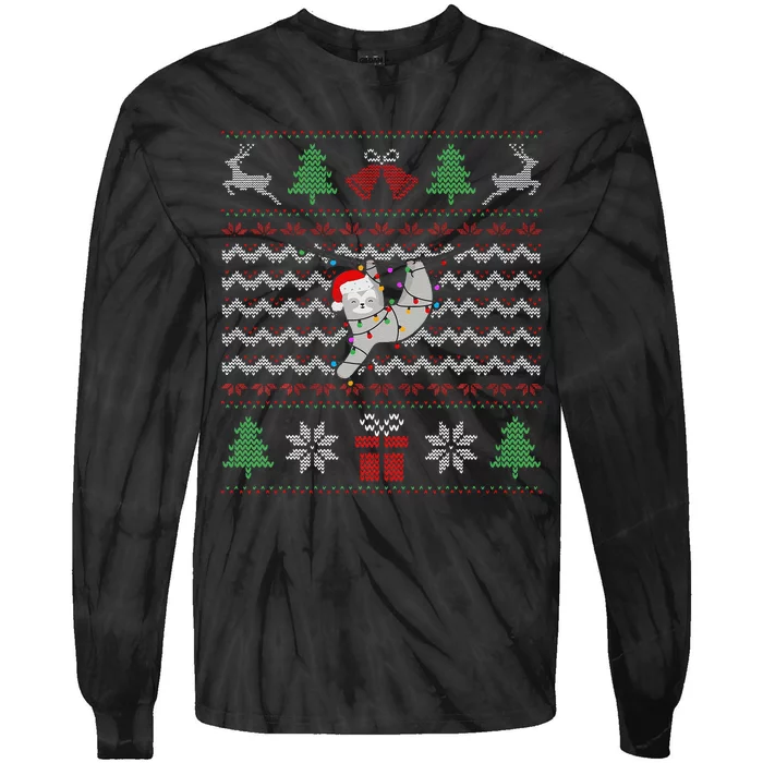 Ugly Christmas Sloth Sweater Santa Lights Funny Xmas Design Tie-Dye Long Sleeve Shirt